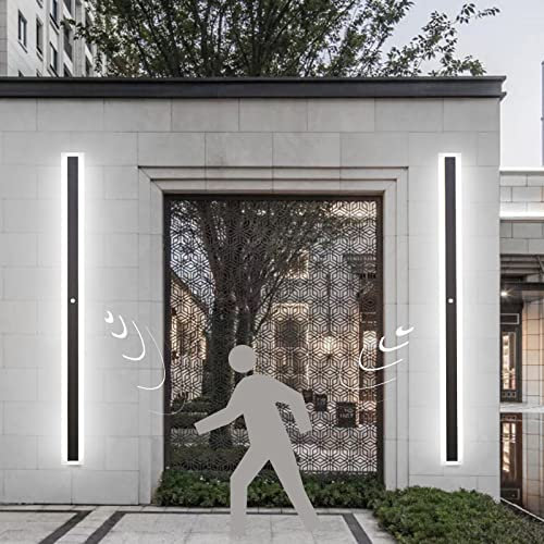 VOMI Aussen Wandleuchte mit Bewegungsmelder Kaltweißess Schwarz Lang IP65 Up Down LED Wandlampe Innen Lichtleiste Metall Minimalistisch Wandbeleuchtung Schlafzimmer Wohnzimmer Treppen Gärten,150cm
