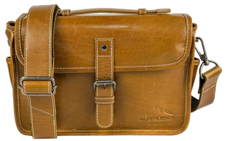 Alpenleder Kameratasche - Presse (Handgefertigt) - Nachhaltiges Bio-Leder aus regionaler Landwirtschaft | Kameratasche Spiegelreflex für Damen & Herren Leder *Fair Produziert* (30x10x20cm, Cognac)