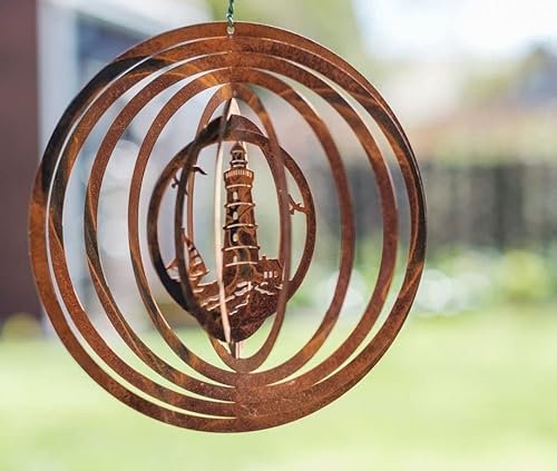 Rostalgie Edelrost Windspiel Kreis mit Leuchtturm - Durchmesser 27 cm
