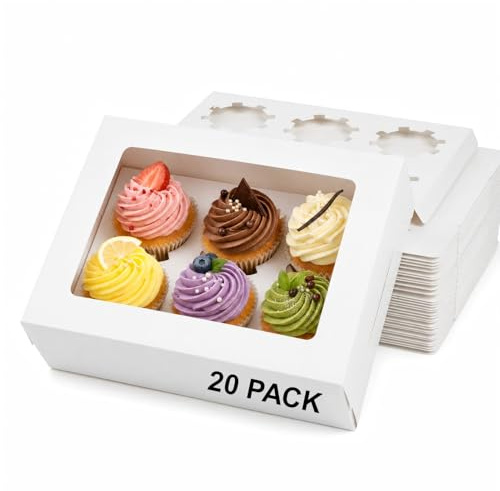 HERUIO Cupcake Boxes 20 Packs With Window and Adjustable Insert 6 Hole White Cupcake Box for Cupcakes, Cookies, Muffins, Pastries and Donuts