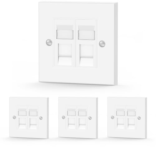 LEENUE RJ45 Socket Cat6, 2 Port Ethernet Wall Socket Faceplate, 4 Pack | Double Ethernet Keystone Jack, Network Wall Plate, for CAT6/CAT5E/CAT5 Cable, White