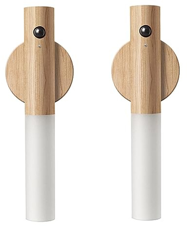 LANDGOO Wooden Motion Sensor Night Lights, Magnet Body Hallway Lamp, Rechargeable LED Wall Sconces, Portable for Stairway Bedroom, Battery Powered (White Ash Wood 2PC)