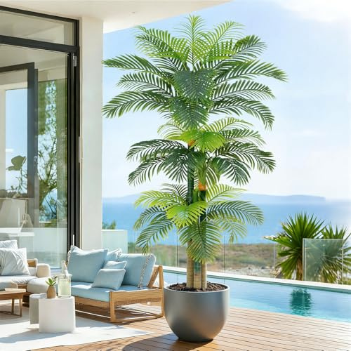 Keeplush 8.5ft Artificial Golden Cane Palm Tree - Large Triple Fake Palm Tree in Pot for Indoor/Outdoor, Patio, Pool, Big House, Office, Backyard, Home Decor - Green, Extra Tall