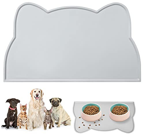 vsshe Napfunterlage für Kleine Hunde und Katze, 44 x 25 cm Napfunterlage Silikon wasserdichte und rutschfeste Silikon Fressnapf Unterlage Unterlage für Katzennapf Futtermatten (Grau)