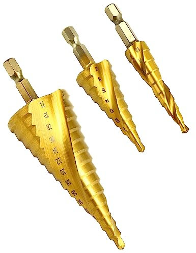 QWORK® Set di 3 punte coniche, punta per trapano a gradino con scanalatura a spirale, da 4 mm a 12/20/32 mm, HSS rivestita in titanio, per legno, plastica, lamiera sottile