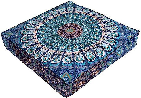 35 Mandala Large Floor Pillow Cover Meditation Cushion Seating Throw Hippie Square Colourful Decorative Bohemian Accent Boho Chic dog bed Indian Pouf Ottoman Handmade COVER ONLY (Peacock Blue)