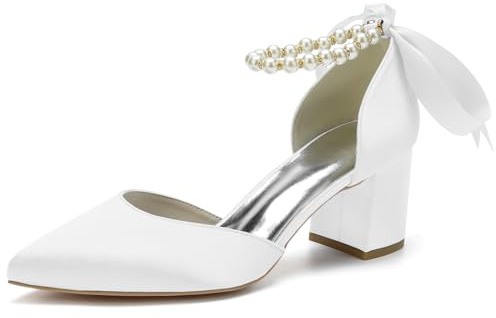 HKMFLYY Scarpe da sposa a punta con perle e tacco basso in raso con fiocco, scarpe da sposa con tacco spesso a blocco, comode scarpe da ballo décolleté, bianco, 38 EU