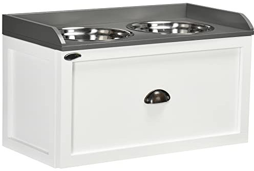 PawHut Stainless Steel Raised Dog Bowls, Double Dog Food and Water Bowl w/ 21L Storage Drawer, for Large Dogs - White