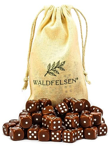 Waldfelsen® Högkvalitativa tärningar, 6, 12, 20, 30 eller 50 stycken, i standardstorlek: 16 mm, 6-sidiga akryltärningar, speltillbehör, i set med tygpåse (brun, 50 stycken)