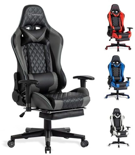 FOXSPORT Ergonomischer Gaming-Stuhl vollständig verstellbar mit Armlehne, Fußstütze, Kopfstütze, Rückenlehne und Kissen – Neigungsfunktion – ultimativer Komfort für Gamer und Büroangestellte.