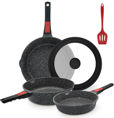 AIKENBBKK Juego de Sartenes Antiadherentes de 5 Piezas, sartén 20/24/28 cm con mango extraíble Sartenes para freír con tapa, aptas para todas las placas, aptas para horno y lavavajillas (Negro)