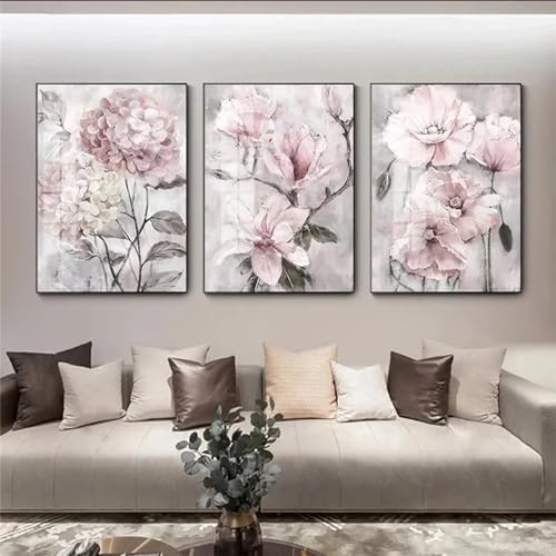 5D Diamond Painting 3 Teilig Groß XXL Rosa Blume Diamant Painting Bilder Full Drill Round Mosaikherstellung Basteln Erwachsene Malen Nach Zahlen für Home Décor Mädchen Geschenke 60x90cm F-2722