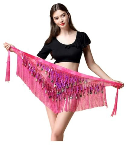 Bauchtanz Hüfttuch, Frauen Gürtel Bauchtanz Schal Hip Bauch Tanz Zubehör Pailletten Quaste Dreieck Wrap Kostüm Gürtelschal Chiffon Fransen(Fuchsia)