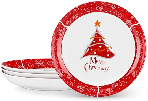 VEWEET, Serie CHRISTMASTREE, Weihnachts-Pastateller 4er Set aus Porzellan mit Weihnachtsbaum - 1440 ml Suppenteller, Salatteller, Tiefe Teller für Spaghetti, Große Suppenschüssel für Pasta Salat Suppe