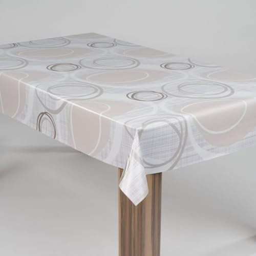 laro Wachstuch-Tischdecke Abwaschbar Garten-Tischdecke Wachstischdecke PVC Plastik-Tischdecken Eckig Meterware Wasserabweisend Abwischbar, Muster:Kreiswogen Weiß Beige, Größe:110x110