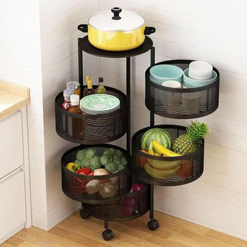 Suixtil Cesto for Frutta e Verdura con Coperchio in Metallo, Carrello portaoggetti Girevole a 5 Livelli, Torre portaoggetti in Filo Metallico, ripiano for Cestino, Organizer su Ruote
