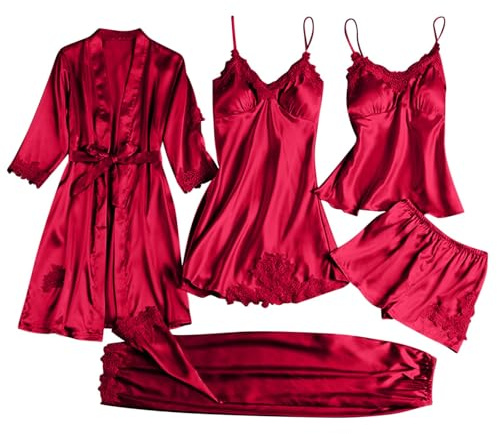 5 Piece Pyjamas Set Women Satin Silk Pajamas Kimono Robe Floral Lace Cami Tops Shorts Pants Nightdress Bathrobe Pjs Sets Sleepwear Soft Comfy Loungewear Ladies Nightwear Sexy Underwear Home Wear Wine
