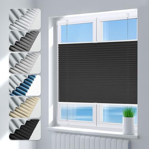 Deswell Plissee ohne Bohren Verdunkelung Klemmfix Verdunklungsplissee B110 x H130 cm Schwarz, 100% Blickdicht lichtundurchlässig Thermo Plissee Faltrollo Sichtschutz Sonnenschutz für Fenster Tür