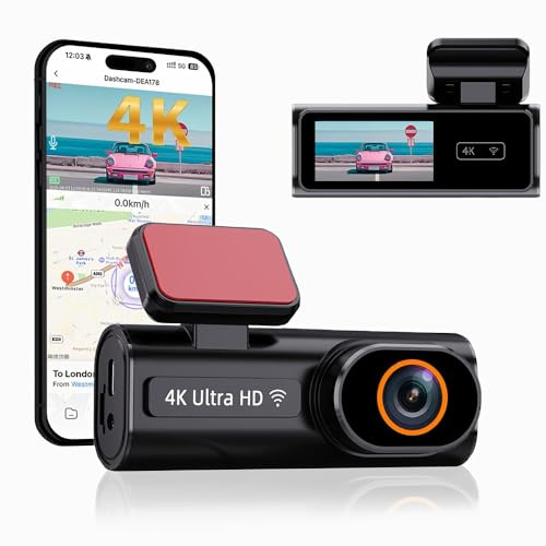 Dashcam Auto Vorne Hinten, 4K Dash Cam WiFi Autokamera, Mini Auto Kamera mit Super Nachtsicht, WDR, 170° Weitwinkel, G-Sensor, APP Steuerung, Loop-Aufnahme