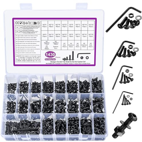 1430 Pcs M2 M3 M4 M5 Bolts and Nuts Set, Nuts and Bolts Set, Black Round Head Hexagon Socket Screws and Washers, Hex Socket Button Head Cap Machine Screws Kit