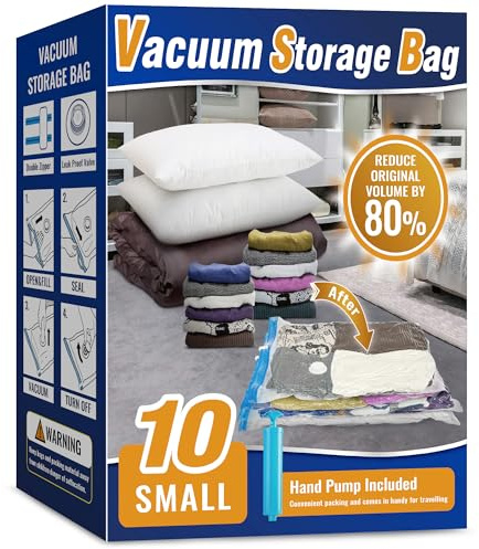 Oumaru Vacuum Storage Bags for Clothes, Vacuum Bags, Space Saver Bags for Clothes, Duvets and Pillows, Hand Pump Included, Pack of 10, Small Size