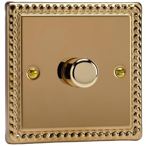 Varilight Single V-Com Rotary 2-Way LED Dimmer 1 x 0-100W - Classic Georgian Brass With Polished Brass Knob, KGP101