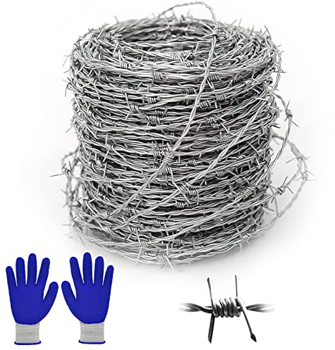 Alambre de púas 1,8 mm x 10 m: rollo de alambre de púas galvanizado, valla de alambre de púas de 4 puntos, alambre galvanizado en caliente con guantes, fuerte y flexible para balcón, jardín o