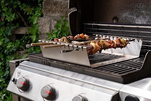 Firehard Spießhalter Set aus Edelstahl – Steckerfischhalter mit 6 Holzspießen für Kugelgrill, Gasgrill, Holzkohlegrill und Lagerfeuer, grillen