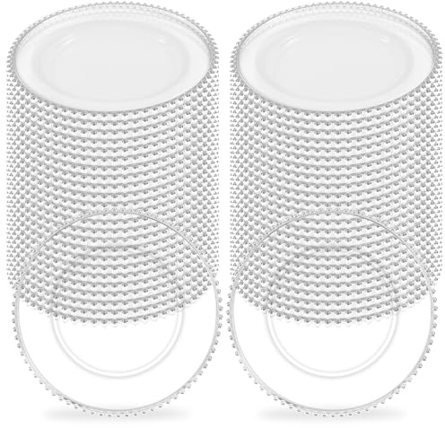 Tomeurperf Transparente Platzteller für Hochzeiten – 33 cm, Premium-Kunststoff-Ladegeräte mit silberfarbenem Perlenrand, dekorative Platzteller für Veranstaltungen und Partys, 50 Stück