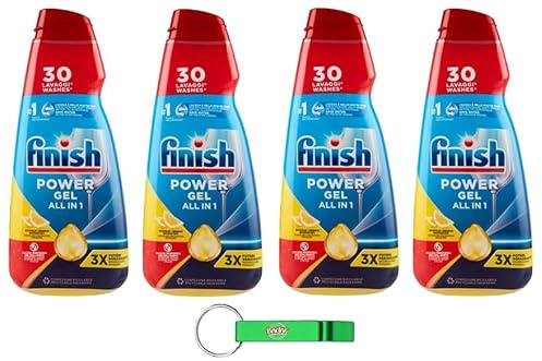 Finish Powergel Lot de 4 détergents liquides au gel citron pour lave-vaisselle, multifonctions, effet dégraissant, 30 lavages 600 ml + porte-clés Beni Culinari