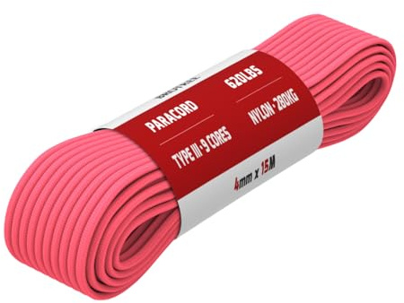 Paracorde 4mm 9 Brins Corde en 100% Nylon (15m, 30m, 50m) Type III Corde Parachute pour Survie, Extérieur, Bricolage - 280kg Charge de Rupture (Rose Fluo, 15m)