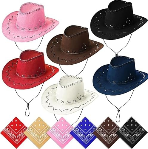 ASMIZ 6er-Pack Cowboyhüte und Halstücher-Set, Leder-Cowgirl-Hut und Filz-Cowboy-Hut, Western-Kostüm für Männer und Frauen, Party und Bühne, Cowboyhut Multipack