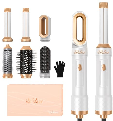UKLISS 6 en 1 Airstyler & Seche Cheveux Ionique, Brosse Souflante Brushing avec Hot Airbrush, Sèche Cheveux Pro, Boucleur a Air, Brosse Lissante, Thermal Brush, Cadeaux pour Femmes (Blanc)