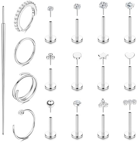 KRFY 16Pcs Tragus Piercing Jewellery for Women 316L Surgical Steel Nose Rings Studs Threadless Push in Flat Back Earrings Hypoallergenic Nose Labret Lip Piercing Jewellery Silver 20G