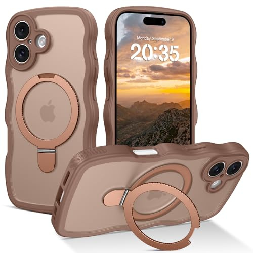 GaoBao for iPhone 17 Case with Ring Stand,[Compatible with Magsafe] Curly Wave Frame Phone Case Translucent Matte Back TPU Bumper Cute Shockproof Protective Cover for iPhone 17,Desert Titanium