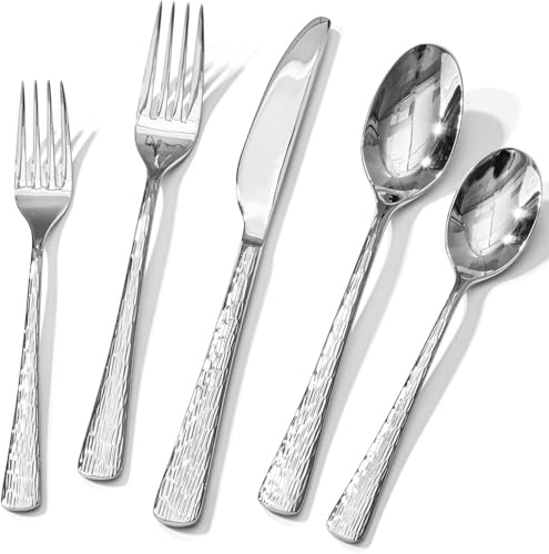 HIKAA Besteck Set 8 Personen, 40-Teiliges Gehämmert 18/10 Besteckset | Premium Edelstahl Essbesteck mit Einzigartigem Wellenmuster-Design, Cutlery Set Hochglanzpoliert – Spülmaschinenfest (Silber)