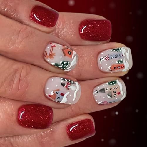 Lot de 24 faux ongles à paillettes motif bonhomme de neige pour fête de Noël Application facile