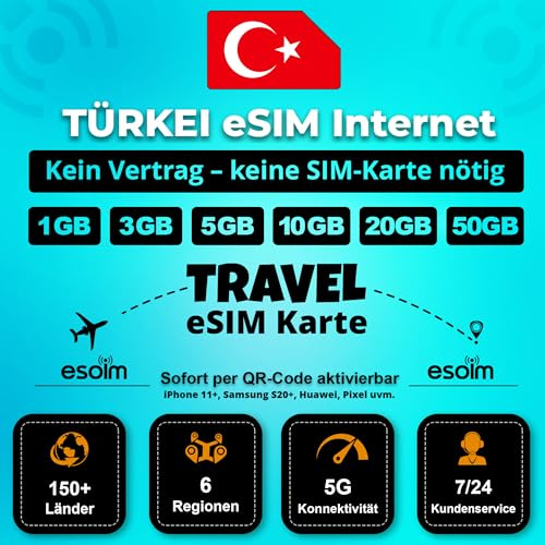 eSIM Karte Türkei – Nur Internet – Ohne Vertrag | Travel SIM - 5G/4G-Daten in den Türkei (3GB - 15 Tage)