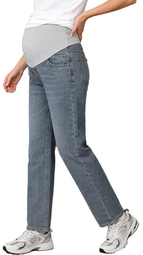 Fldy Jean de maternité - Coupe droite - Coupe droite - Taille haute - Réglable - Pour femme enceinte, gris-bleu, M