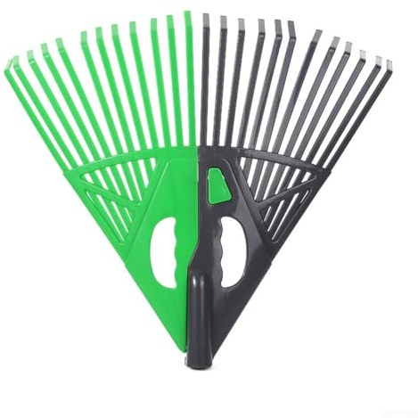 Honseadek Rastrillo en forma de abanico para césped y jardín, rastrillo de hojas resistente con mango ergonómico, dientes de plástico resistentes para aseo de césped y limpieza de patio, compacto