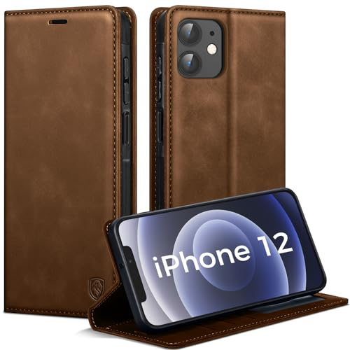 AIMOYU Handyhülle für iPhone 12/12 Pro Hülle, Premium PU Leder Klapphülle Schutzhülle, Tasche Magnet Kartenfach Standfunktion Flip Case Hülle für iPhone 12/12 Pro, Braun