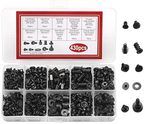 430PCS Professional Computer Screws Assortment Kit, Includes Motherboard Standoffs, SSD, HDD, Fan, PC Case, Power Supply Screws – Durable & Versatile for DIY PC Builds and Repairs