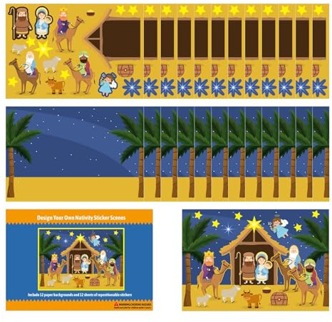 Weihnachts-Krippenaufkleber Set - 12 Motiv-Sets mit Kinderfreundlichen Szenen, Dekorative Sticker zur Verschönerung von Krippen und Weihnachtsgeschichten | Ideal für Familien, Schule, Bastelprojekte,