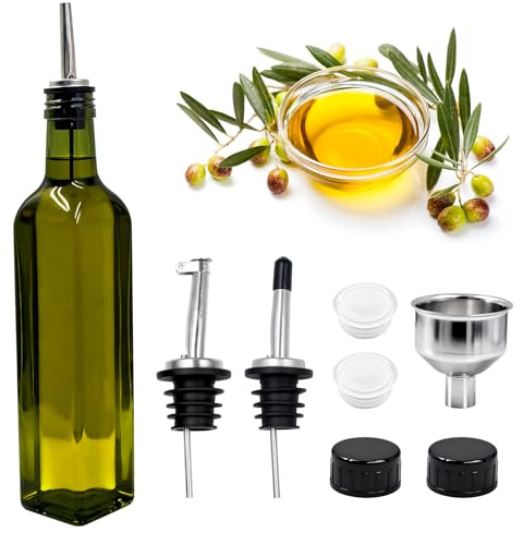 Esxiaze Olive Oil Dispenser Bottle, 500ml Green Glass Oil Bottle Dispenser 17oz Glass OilDispenser and Vinegar Dispenser Set, Olive Oil Carafe Decanter for Kitchen, Green