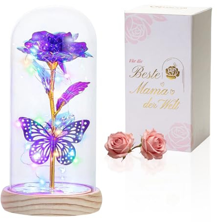 Glasseam Cadeaux Belle et la Bête Rose: Rose Éternelle et Papillon sous Cloche de Verre pour Femme Maman - Roses Éternelles Violettes avec Lumières Galactiques pour la Fête des Mères Noël Thanksgiving
