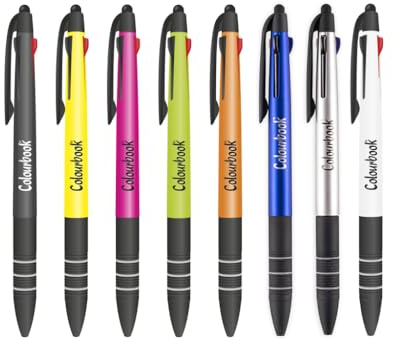 Colourbook Penna A Sfera Multiscatto 3 Colori, Nero Blu Rosso, Punta 1 Mm, Con Gommino Touch Screen, Grip In Gomma Antiscivolo, Set Da 40 Pezzi Assortiti, Fusto Fluo Blu Grigio Arancio Verde Giallo