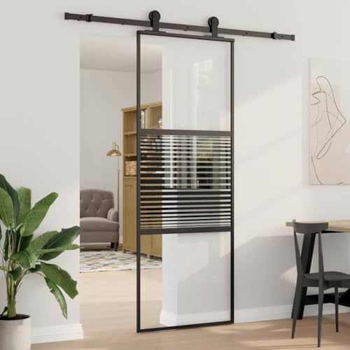 Glastür Gestreift Schwarz 90 x 2 x 205 cm Aluminium Schiebetür Komplettset mit Zarge und Schiebetürbeschlag für Innenräume modernes Sliding Door Set