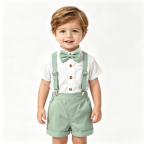Generico Completini e Coordinati Gentiluomo per Neonato Bimbo Elegante 4 Pezzi Camicia, BretellePapillon, Pantaloni Ideale per Battesimo, Matrimonio, Cerimonie 0-8 Anni