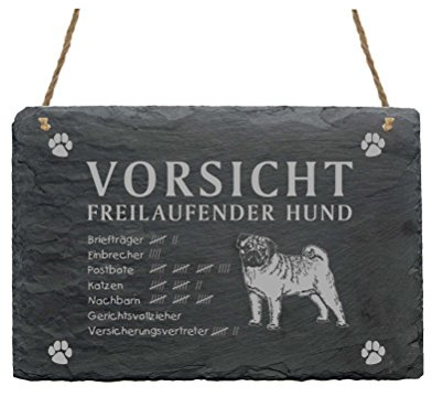 Mops - Schild aus Schiefer - Vorsicht freilaufender Hund Türschild 22 x 16 cm
