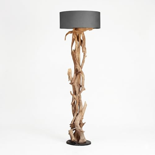 Möbel Bressmer BLUMA Stehlampe Teakholz - 100% Handarbeit aus nachhaltigem Holz - Sockel 30cm Höhe 180cm - Treibholz Lampe Wohnzimmer inkl. Lampenschirm Grau